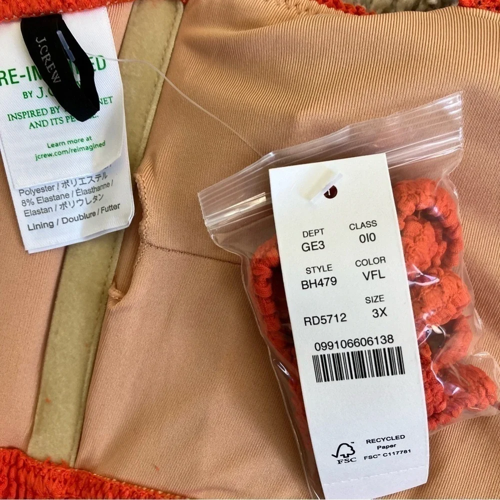 NWT J. Crew Retro Scrunchie Sweetheart Bikini Top in Vivid Flame Coral Red Sz 3X